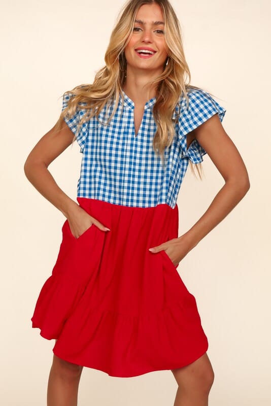 Blue Gingham and Red Colorblock Dress Haptics