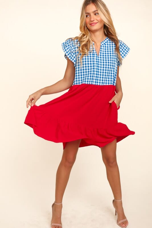 Blue Gingham and Red Colorblock Dress Haptics
