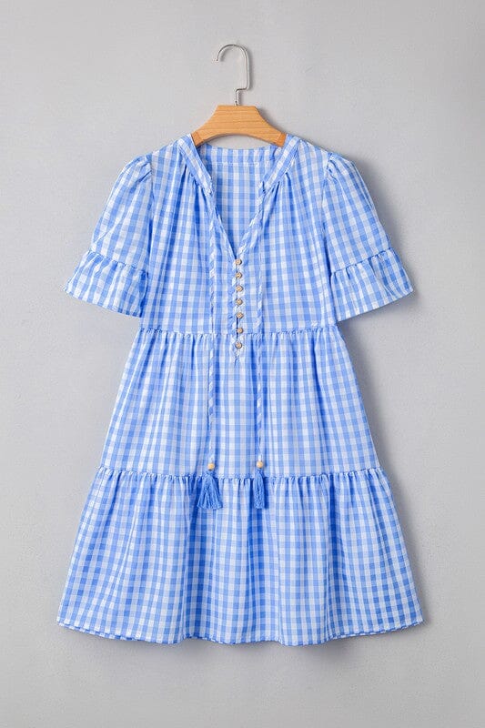 Blue Gingham Dress with Button Detail Shewin