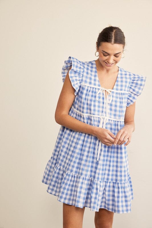 Blue Gingham Tie Front Tiered Dress in february