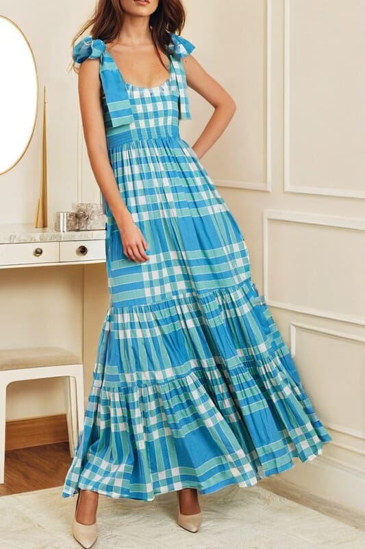 Blue Gingham Tie Shoulder Maxi Dress Shewin