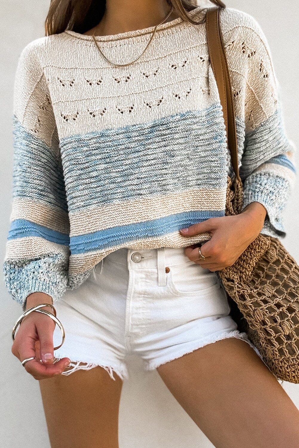 Blue Open Stitch Puff Sleeve Sweater kentce