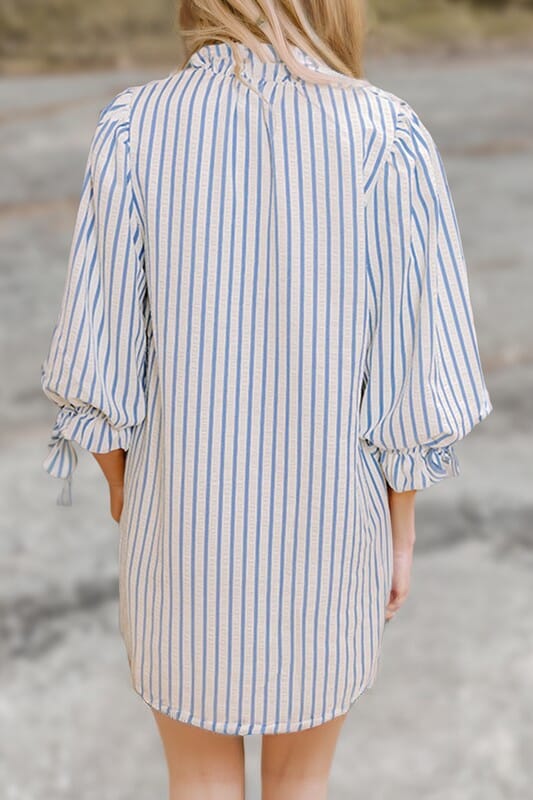 Blue Stripe Balloon Sleeve Dress Shewin