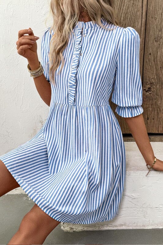 Blue Striped Ruffle Neck Dress Asia Direct