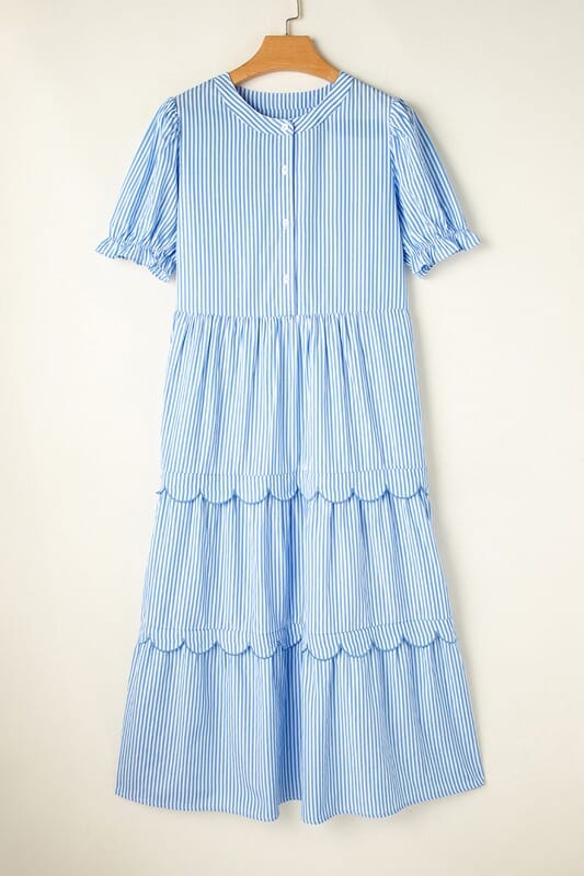 Blue Striped Scalloped Detail Midi Shewin