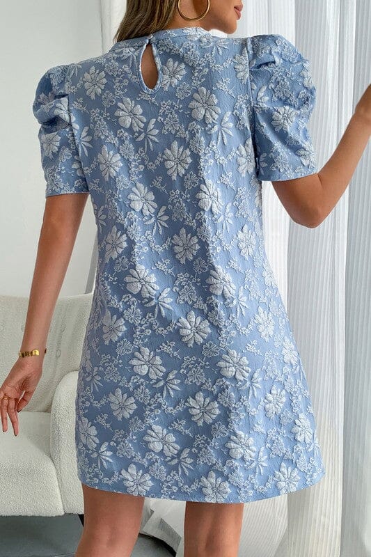Blue Textured Floral Puff Sleeve Dress Asia Direct