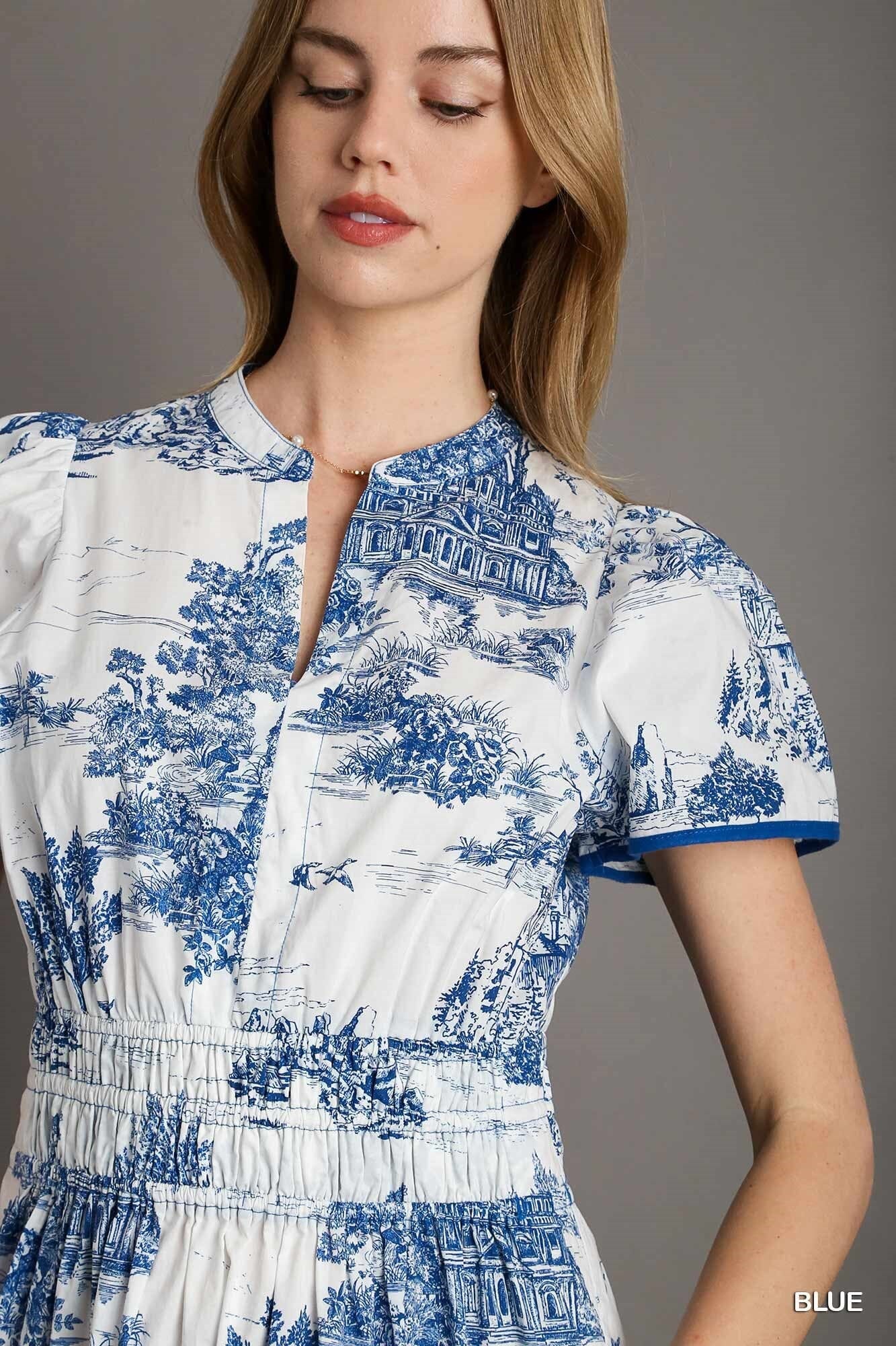Blue Toile Split Neck Maxi Umgee