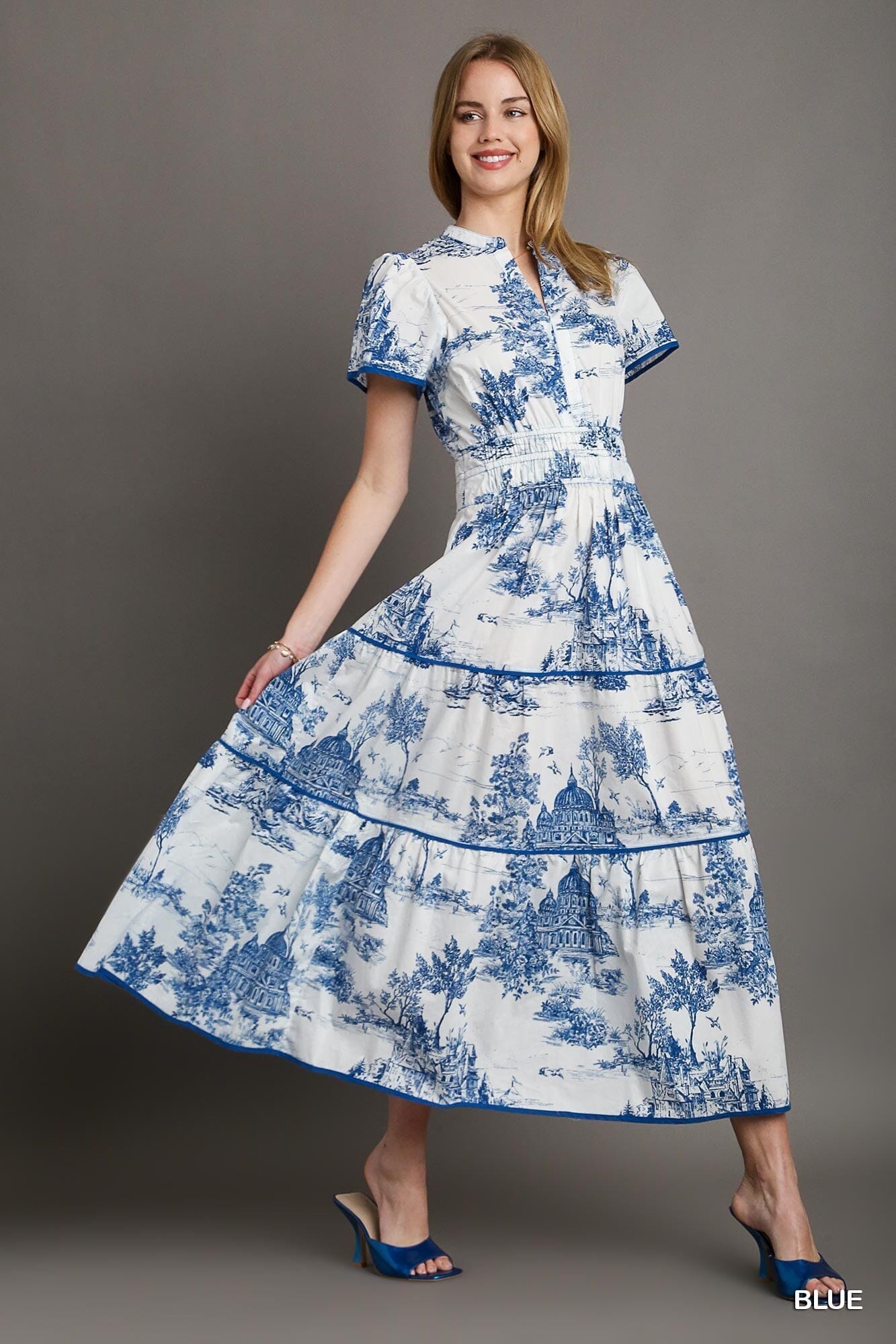 Blue Toile Split Neck Maxi Umgee