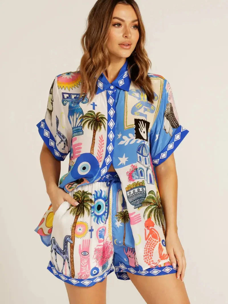 Blue Tropical Print Short Set lily clothing
