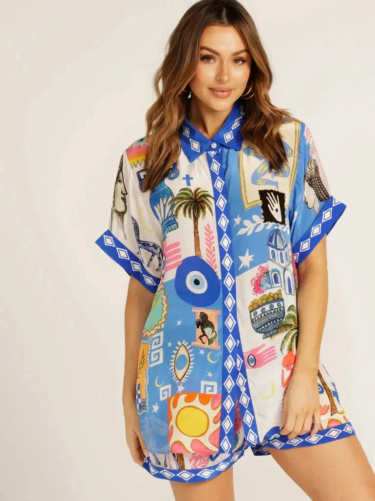 Blue Tropical Print Short Set lily clothing