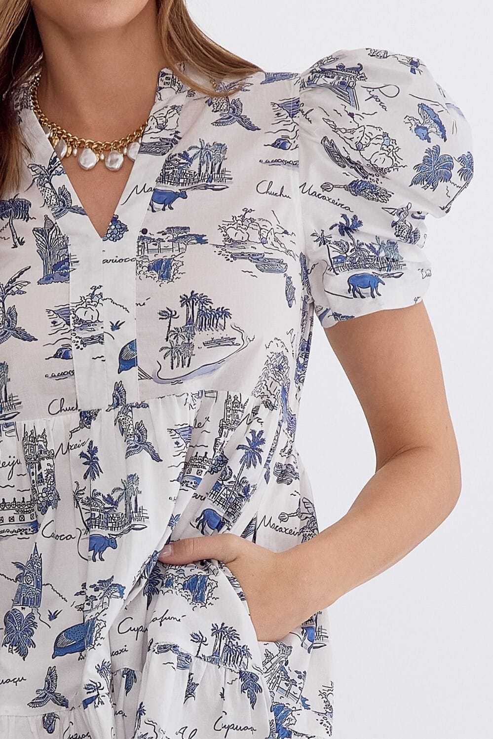Blue Tropical Toille Puff Sleeve Dress entro
