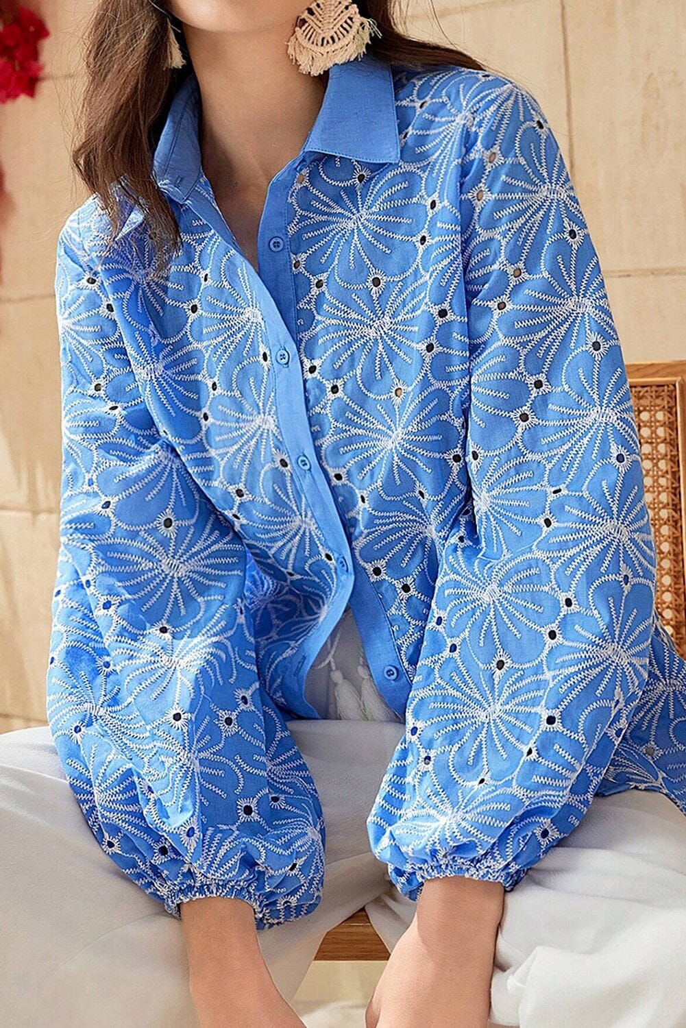 Blue/White LS Button Embroidered Blouse Kentce
