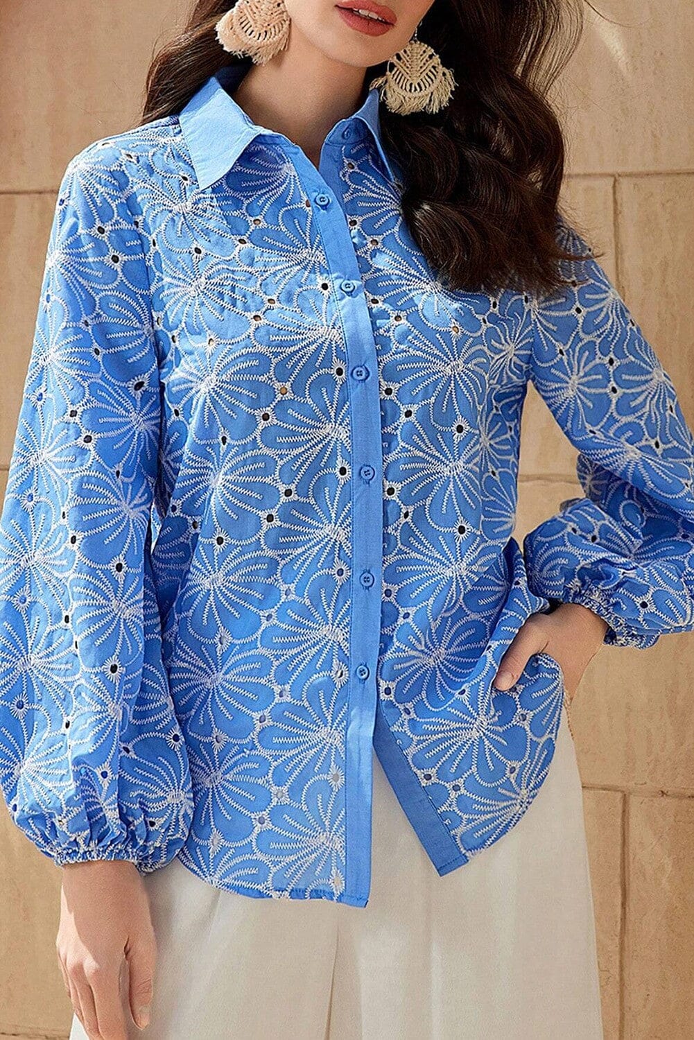 Blue/White LS Button Embroidered Blouse Kentce