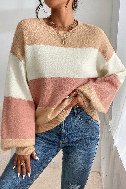 Blush and Taupe Lantern Sleeve Sweater Kentce