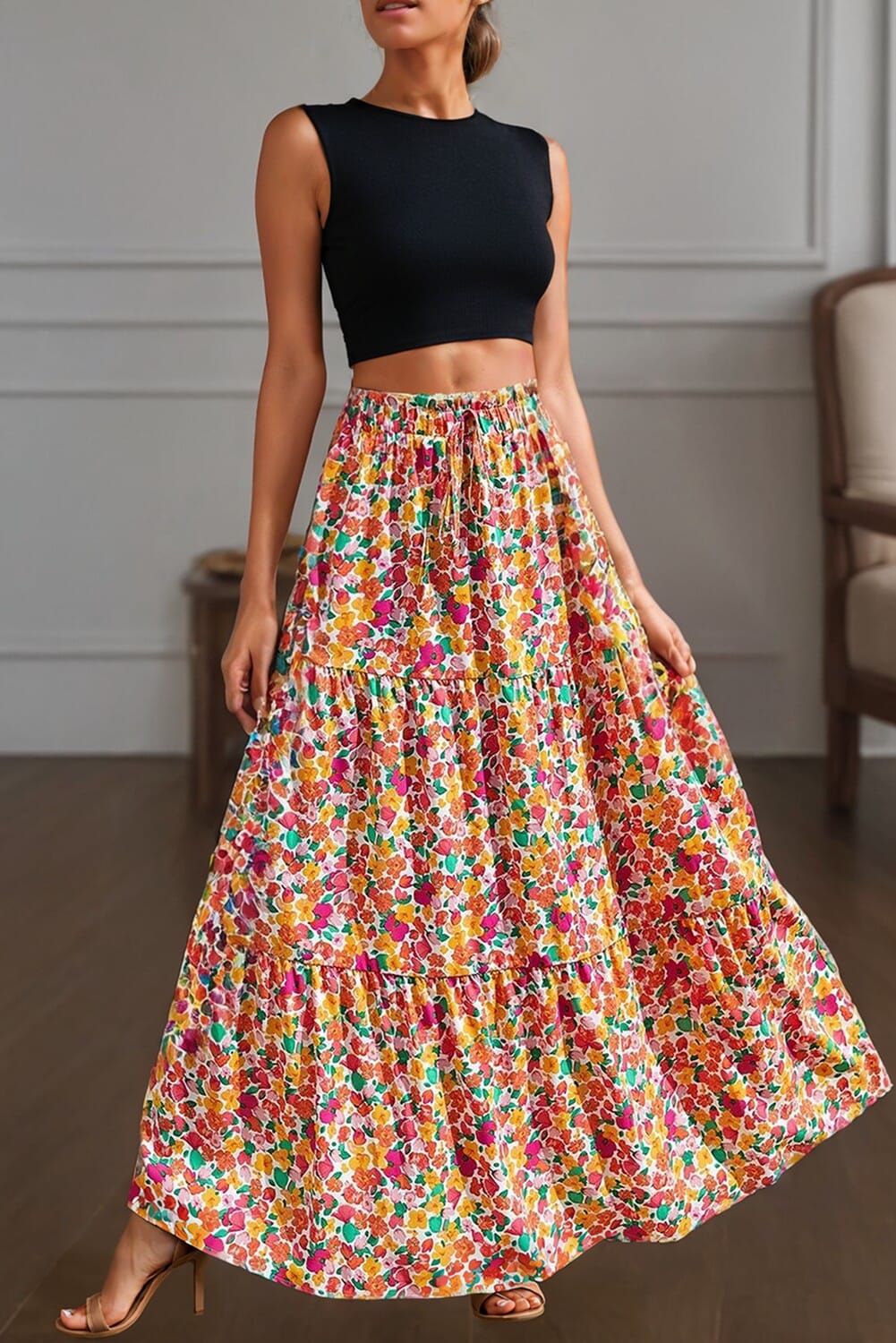 Boho Floral Print Tiered Long Skirt Shiying