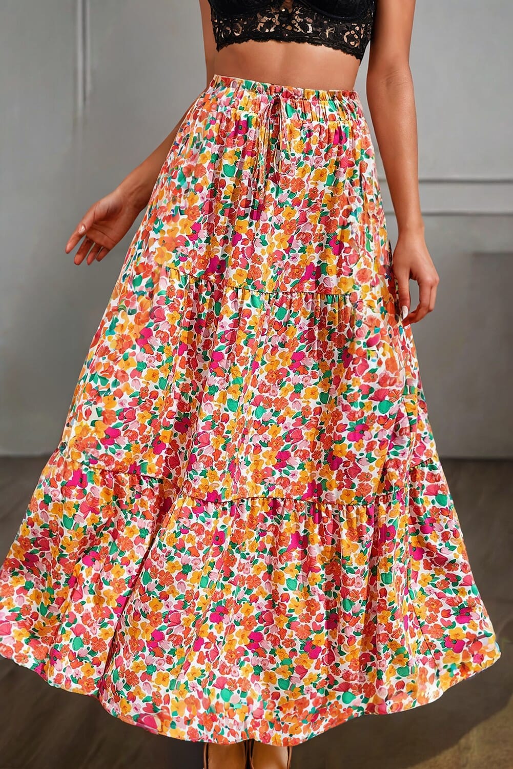 Boho Floral Print Tiered Long Skirt Shiying