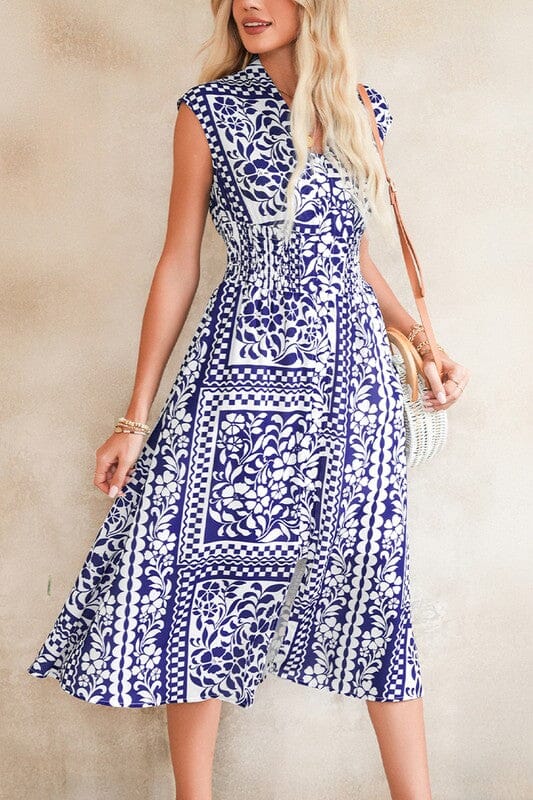Boho Tile Print Smocked Waist Midi Shewin