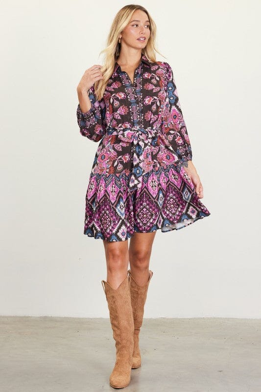 Border Print Tie Waist Dress skies are blue