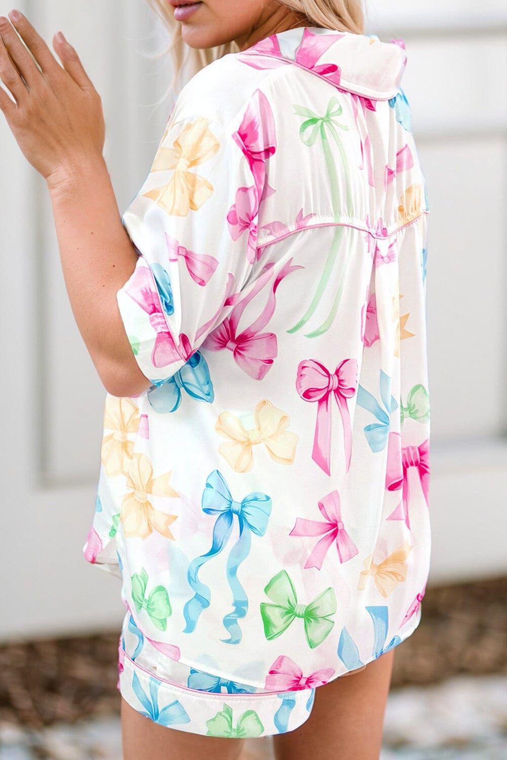 Bow Buttoned Shirt and Shorts Pajama Set Shewin