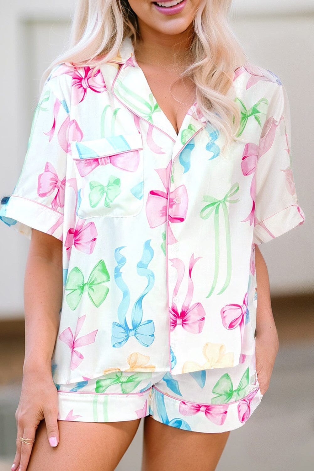 Bow Buttoned Shirt and Shorts Pajama Set Shewin