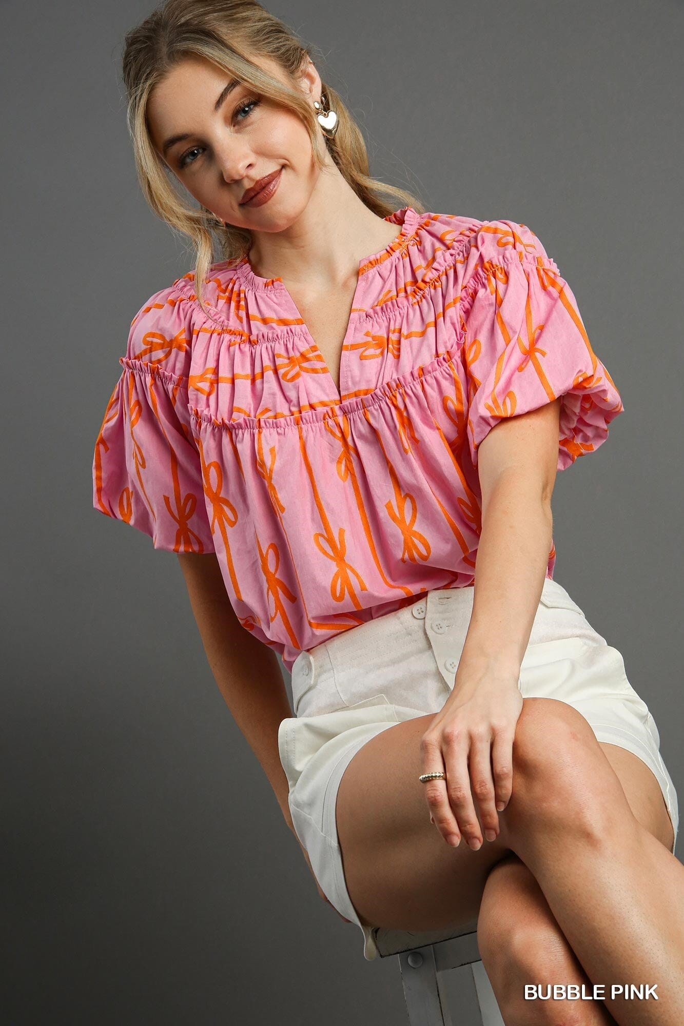 Bow Ribbon Smocked Yoke Top Umgee