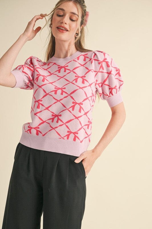 Bow Ribbon Trellis Puff Sleeve Sweater &merci