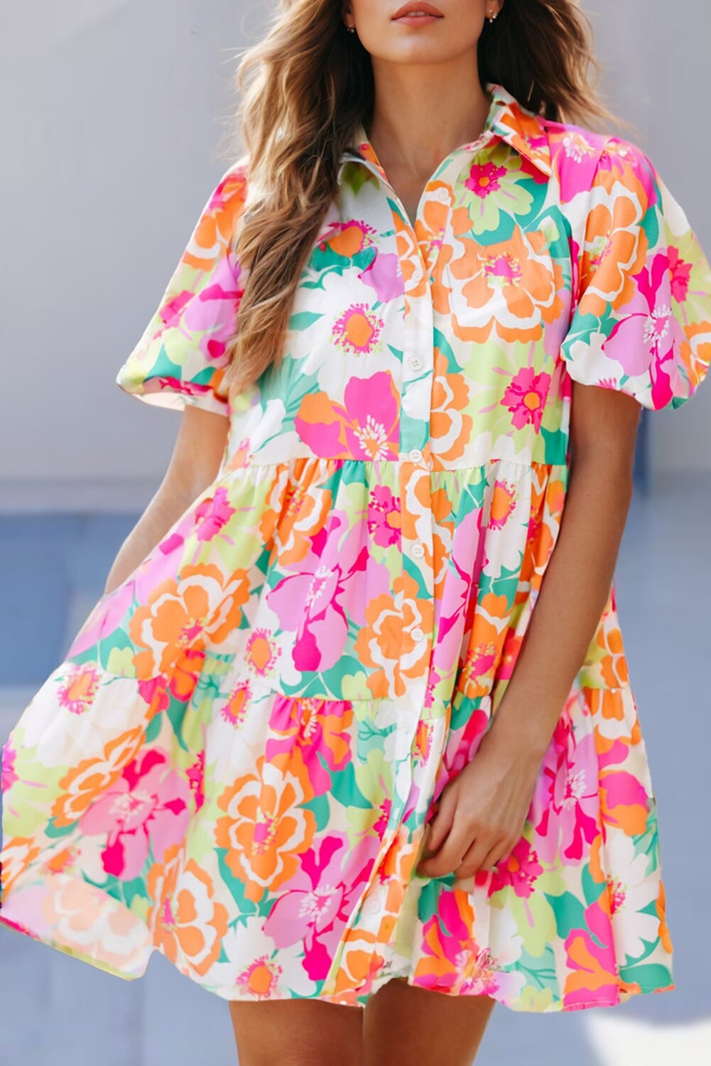 Bright Orange Puff Sleeve Collar Buttoned Babydoll Dress Shiying