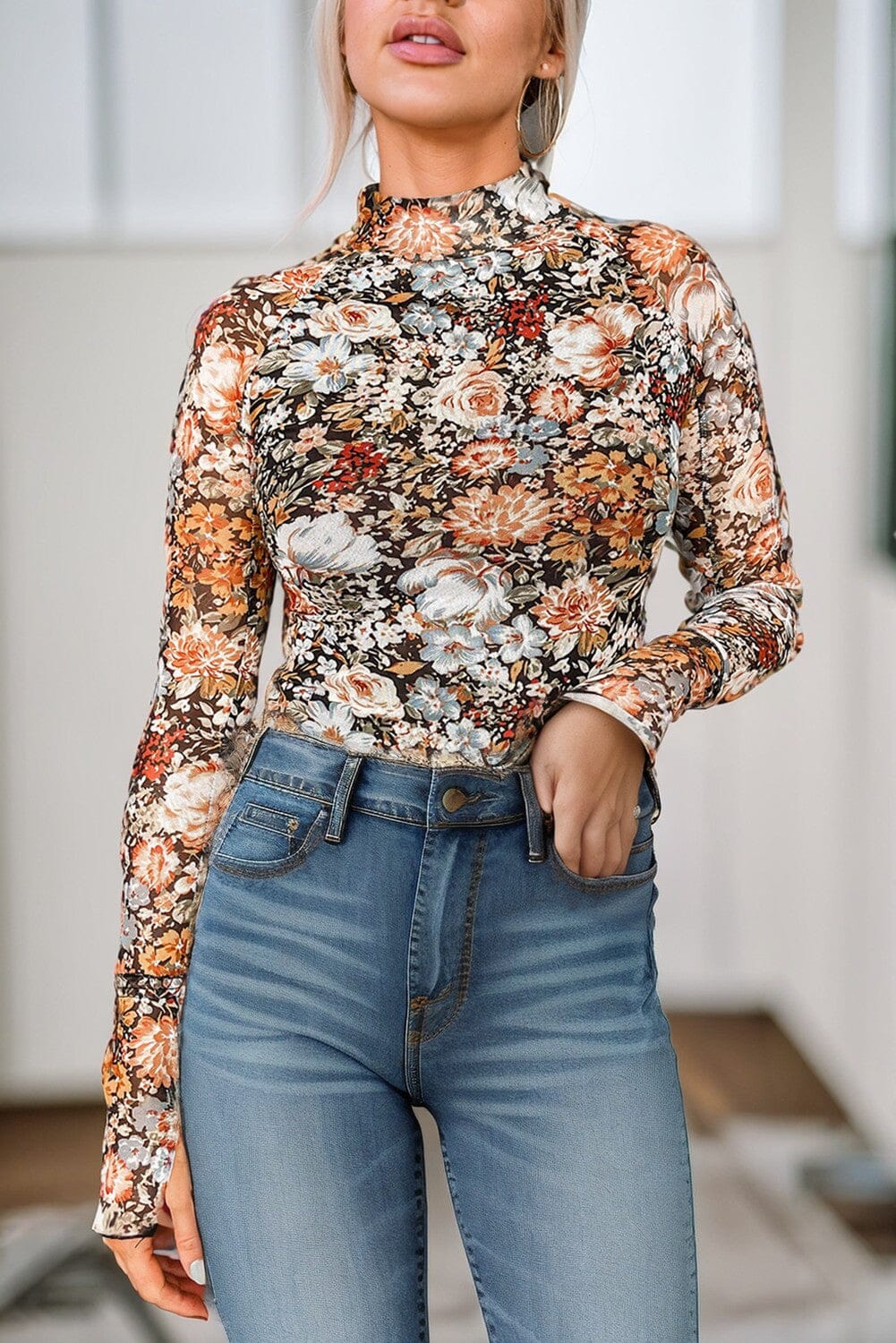 Brown Mesh LS High Neck Blouse shewin