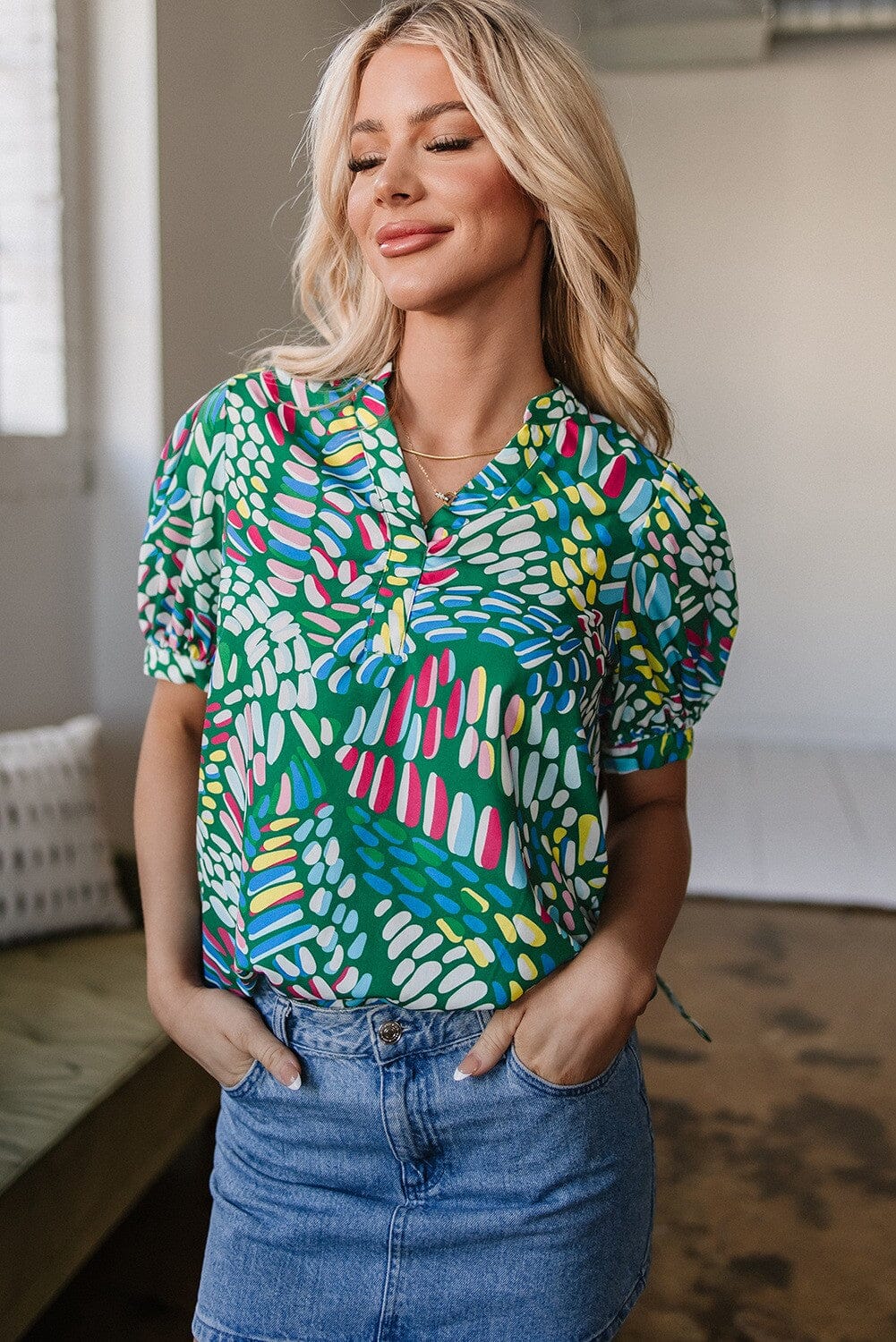Brushwork Geometric Puff Sleeve Blouse Kentce