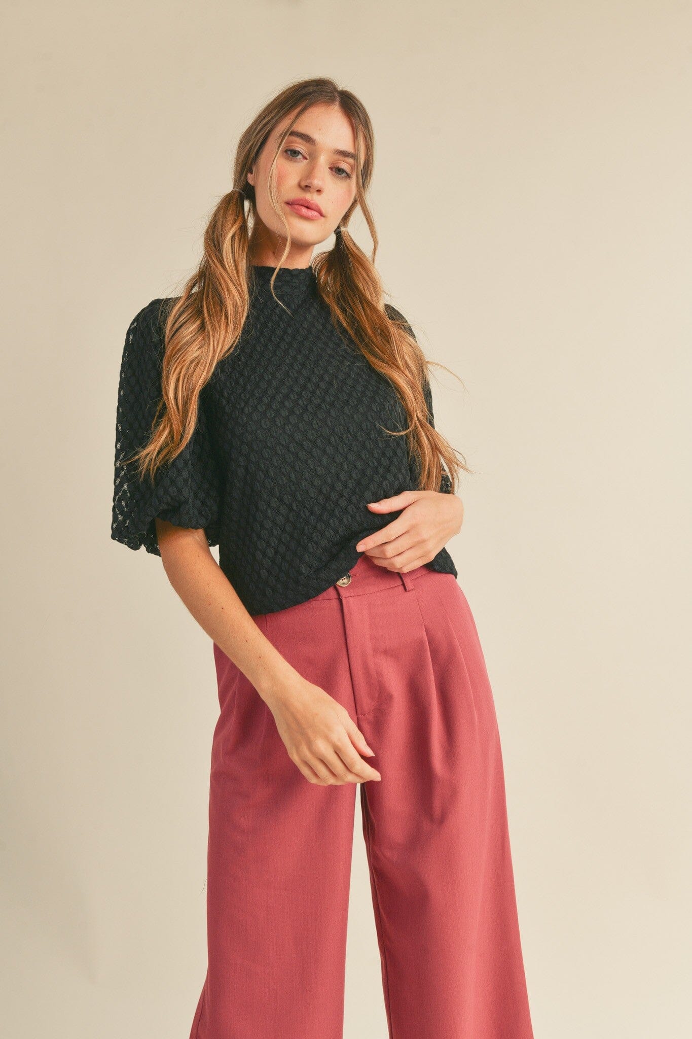 Bubble Sleeve Tie Neck Top &merci