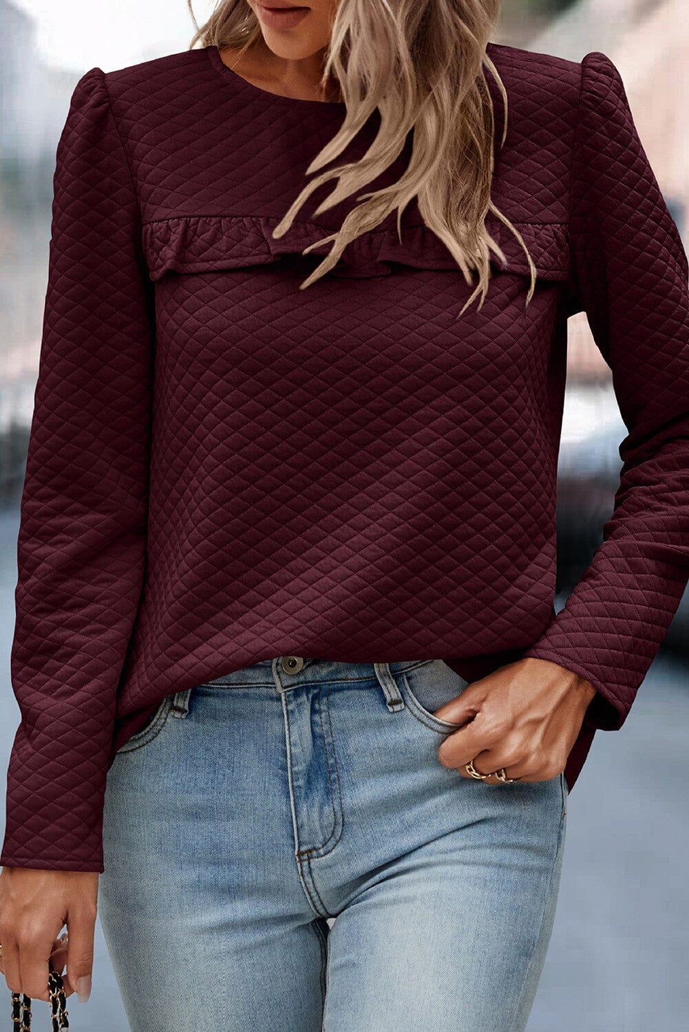 Burgundy Quilt Button Back Puff Sleeve Sweatshirt kentce