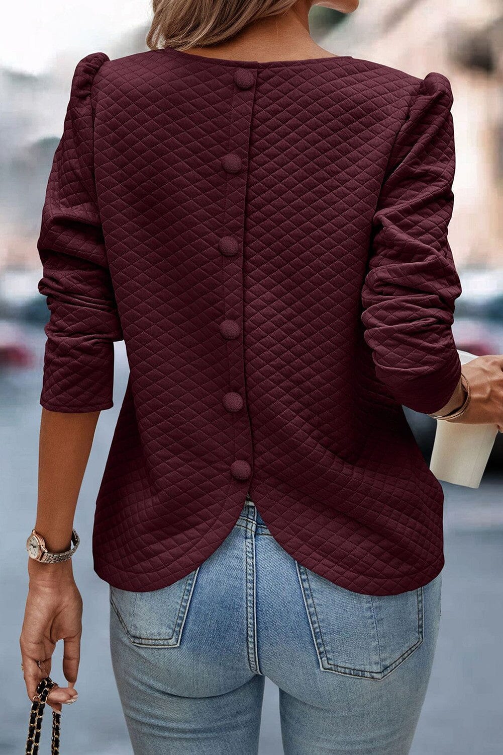 Burgundy Quilt Button Back Puff Sleeve Sweatshirt kentce