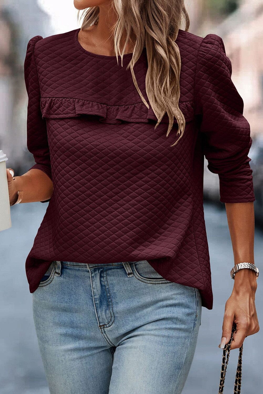 Burgundy Quilt Button Back Puff Sleeve Sweatshirt kentce