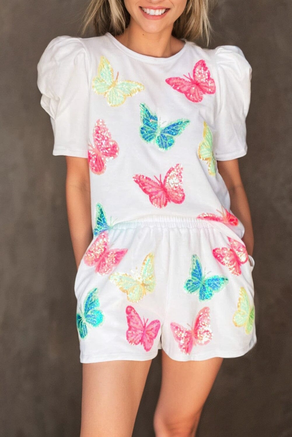 Butterfly Pattern Puff Sleeve Top Shorts Set Kentce