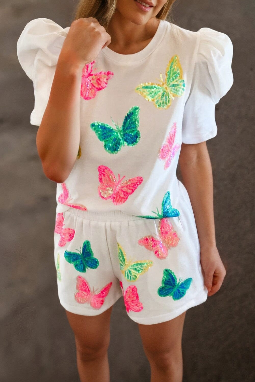 Butterfly Pattern Puff Sleeve Top Shorts Set Kentce