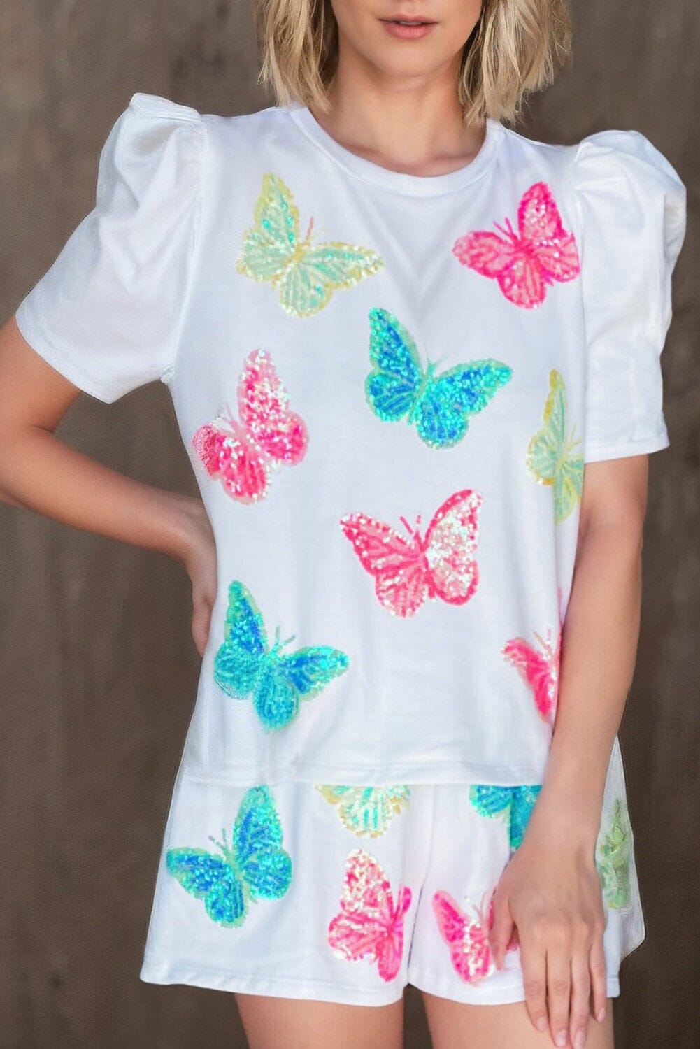 Butterfly Pattern Puff Sleeve Top Shorts Set Kentce