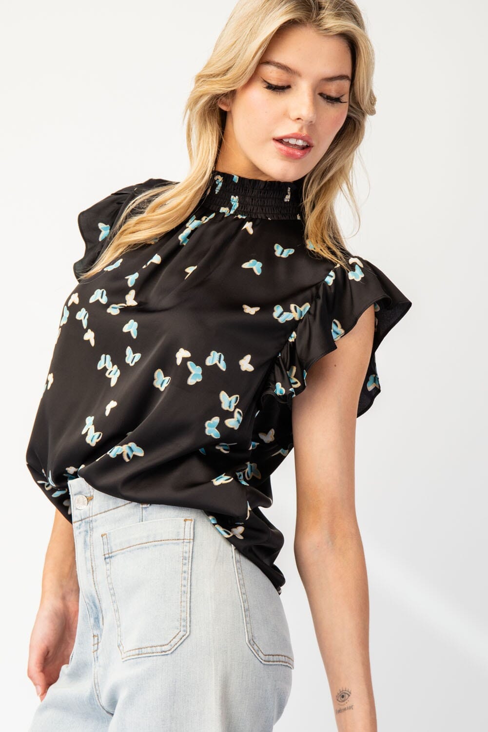 BUTTERFLY PRINTED MOCK NECK TOP Eesome