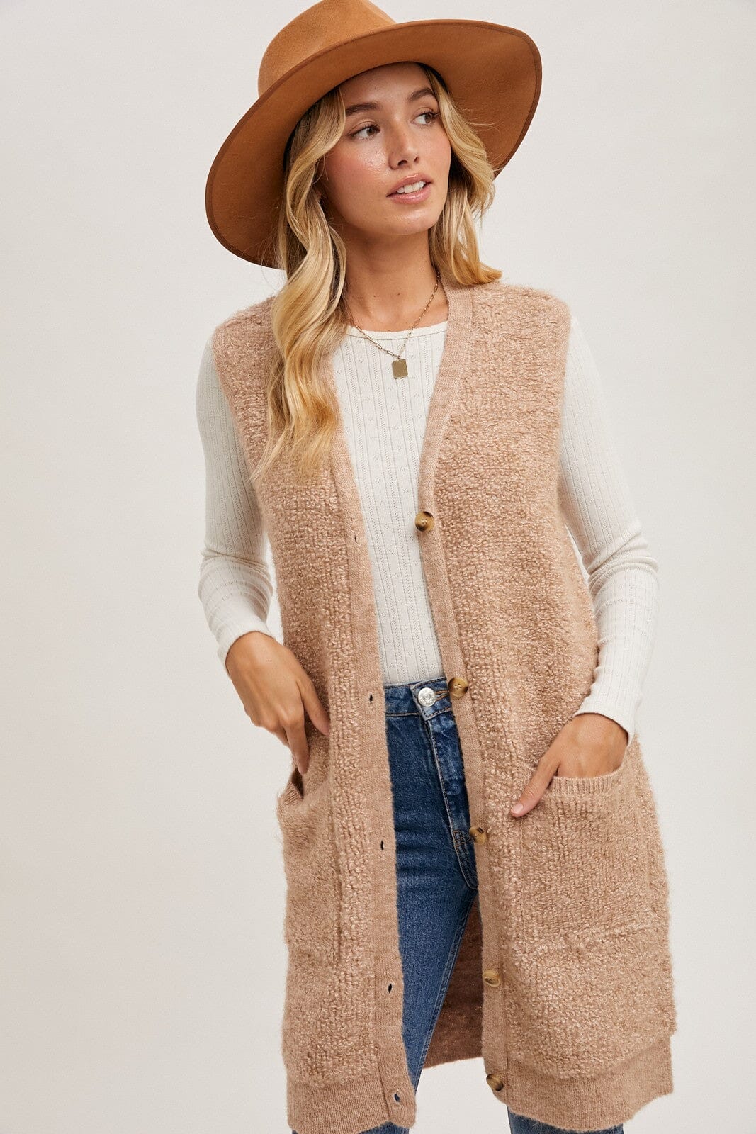 BUTTON DOWN V-NECK TEDDY KNIT LONG LINED VEST Bluivy