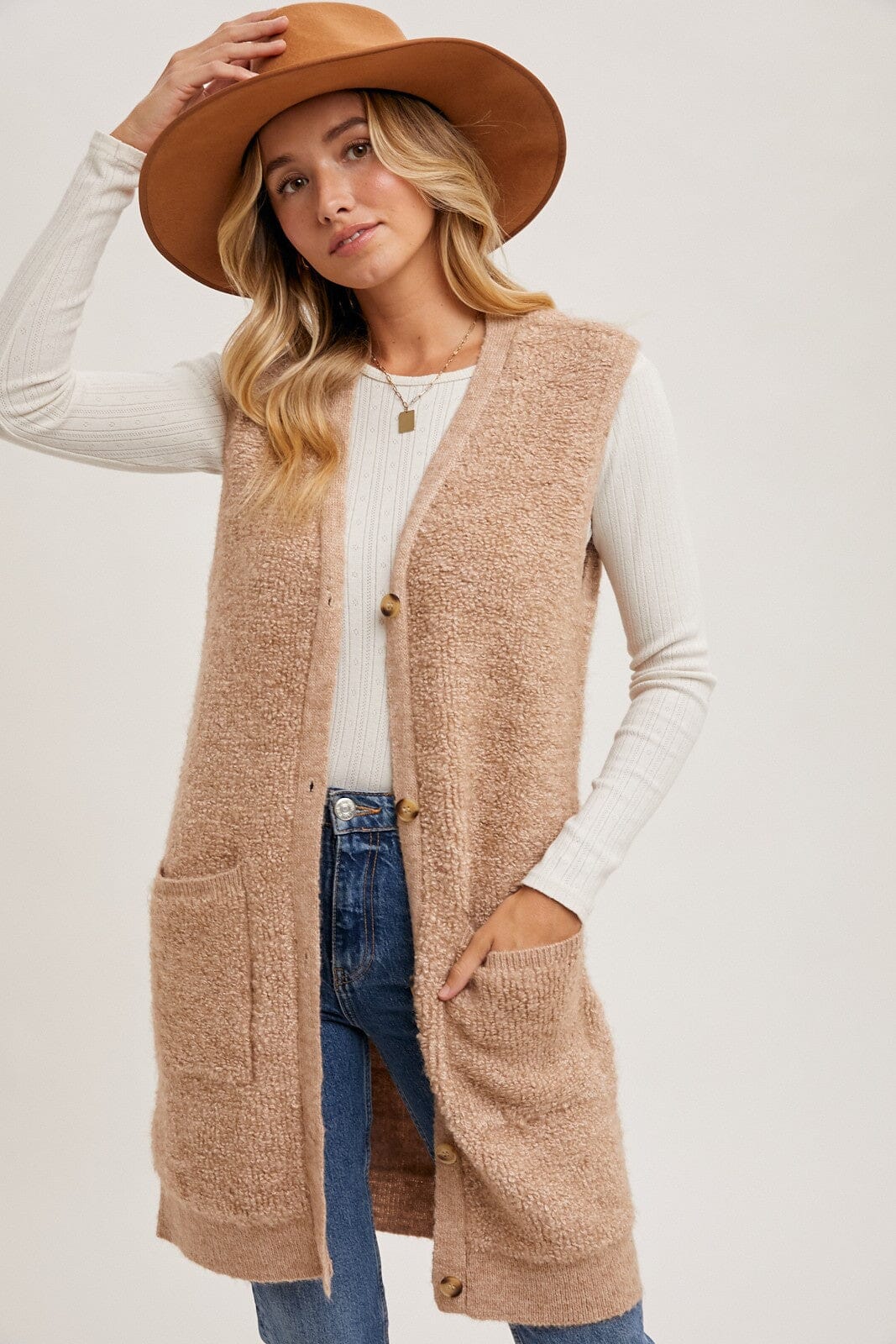 BUTTON DOWN V-NECK TEDDY KNIT LONG LINED VEST Bluivy