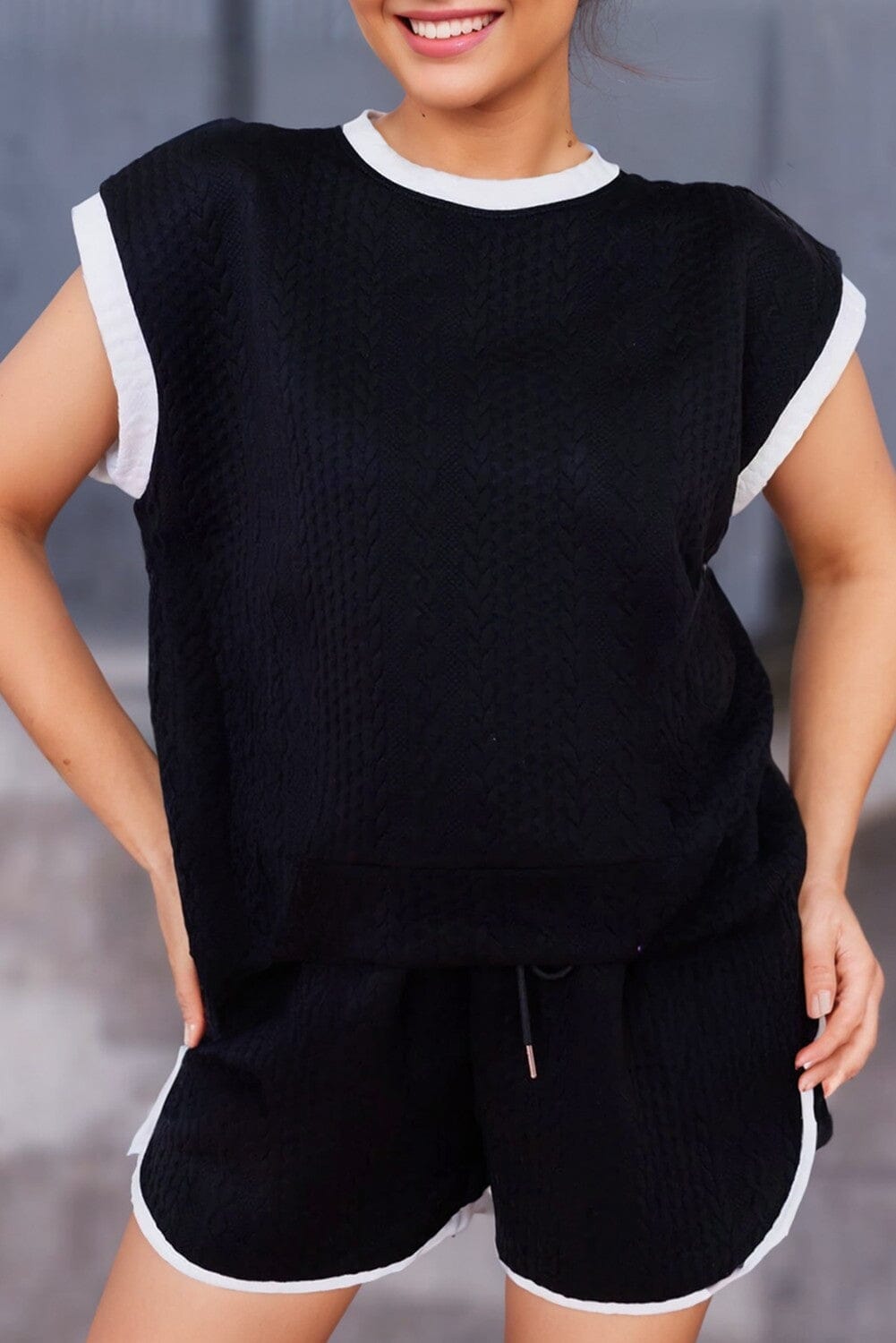 Cable Textured Two Piece Shorts Set Kentce