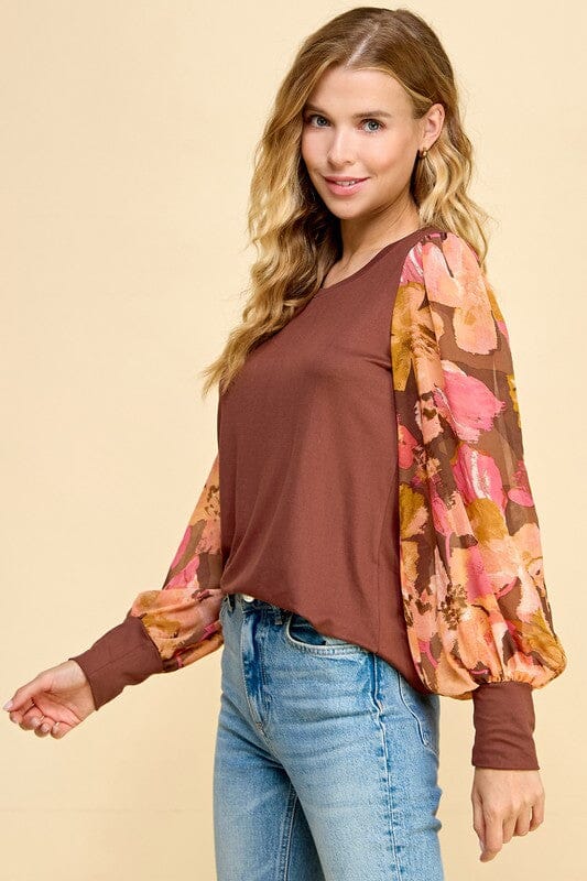 Camel Contrasting Floral Sleeve Top les amis