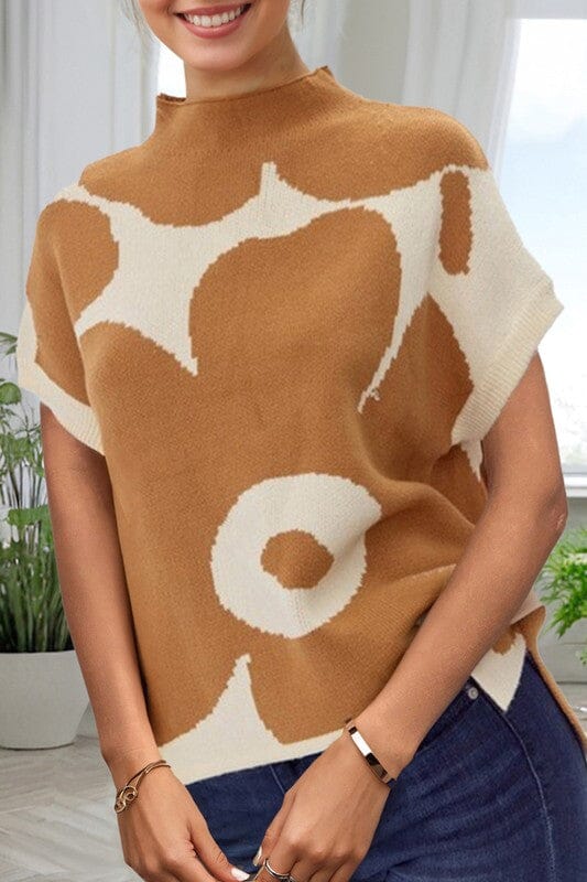 Camel Floral Mock Neck Sweater Shewin