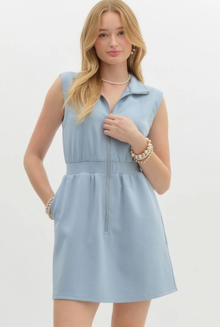 Chambray Knit Quarter Zip Dress Entro