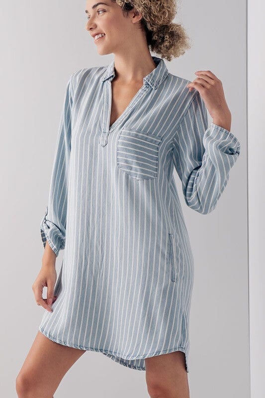 Chambray Striped Shirt Dress Blu Pepper