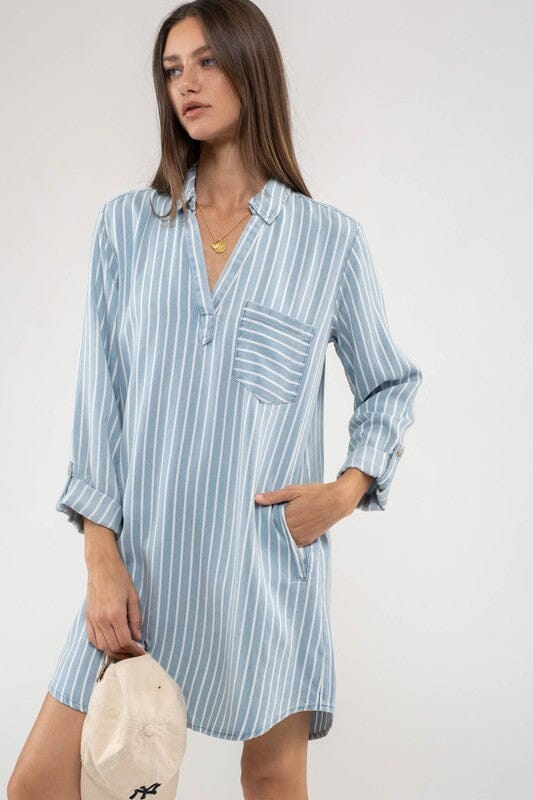 Chambray Striped Shirt Dress Blu Pepper