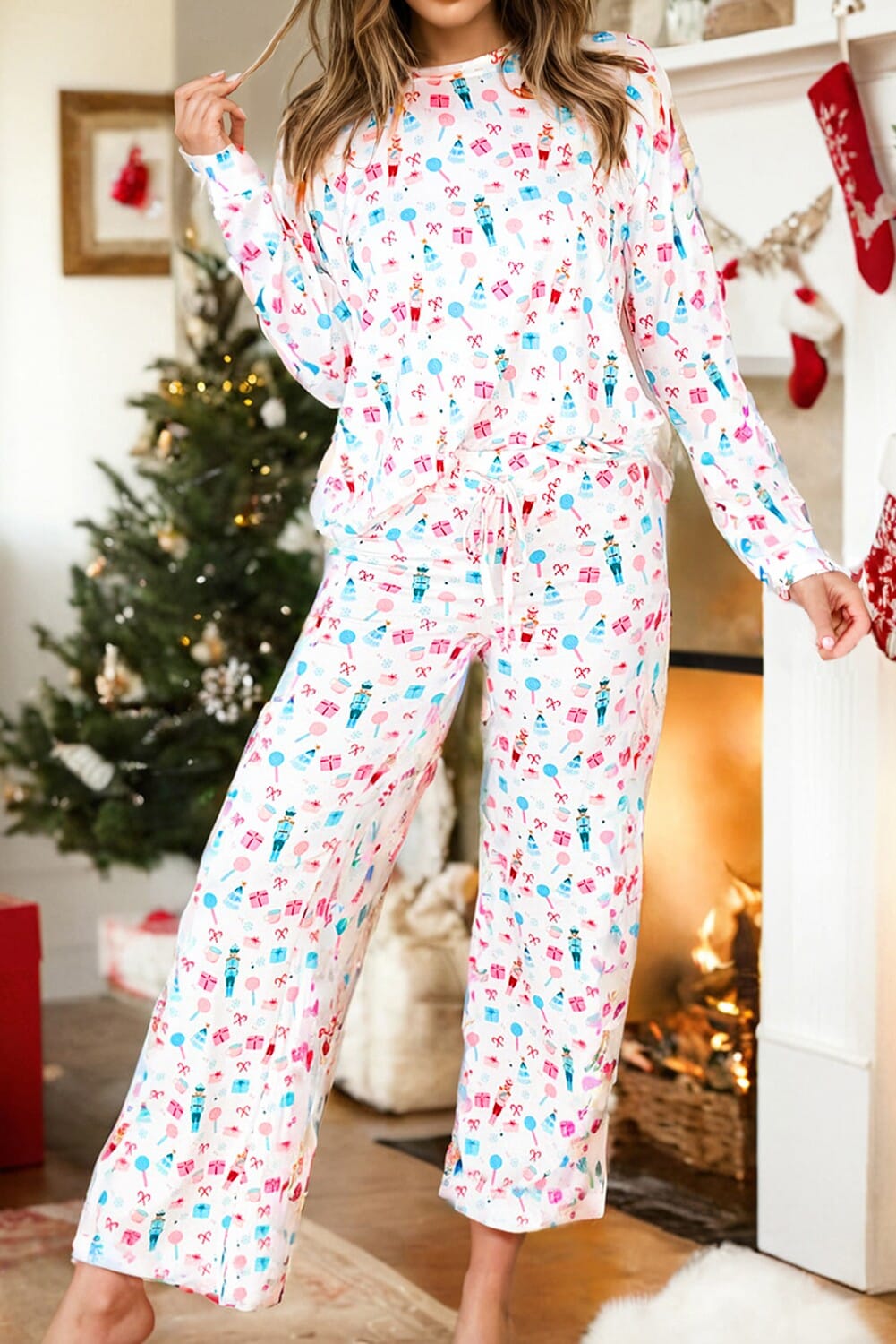Christmas Pattern Top and Wide Leg Pants Set Kentce