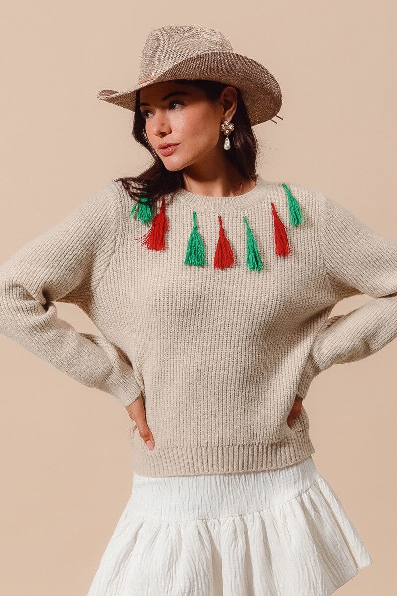 CHRISTMAS TASSEL CREW NECK SWEATER TOP so me