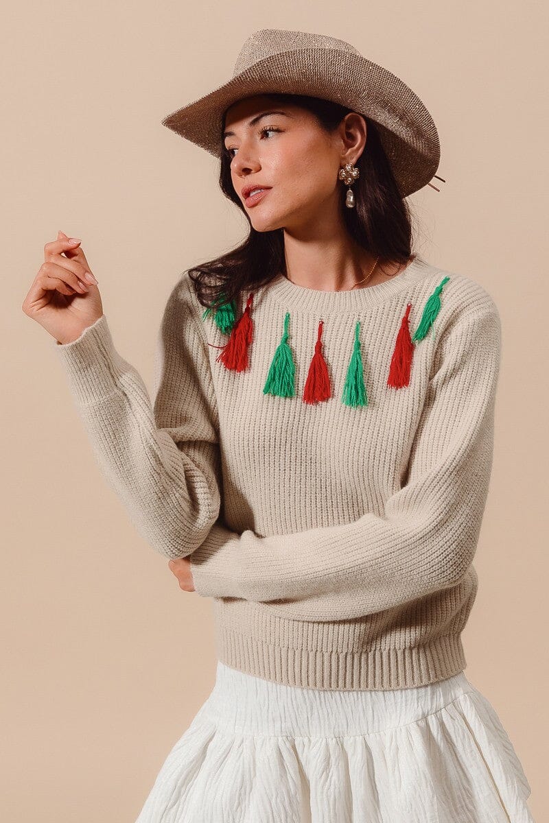 CHRISTMAS TASSEL CREW NECK SWEATER TOP so me