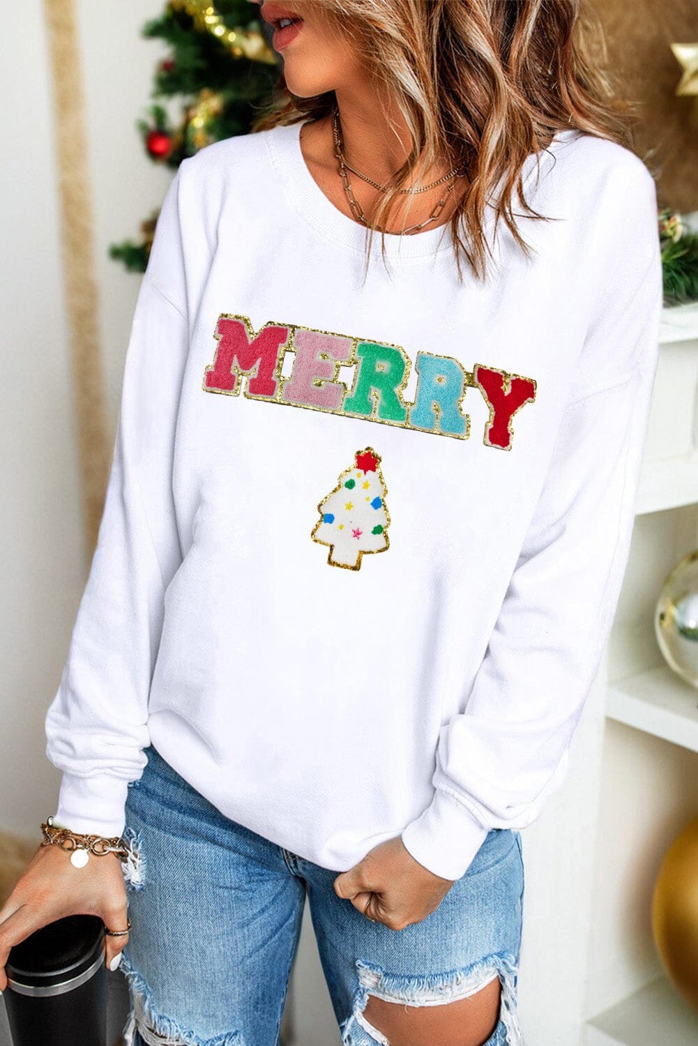Christmas Tree Chenille Patch Graphic Sweatshirt Kentce
