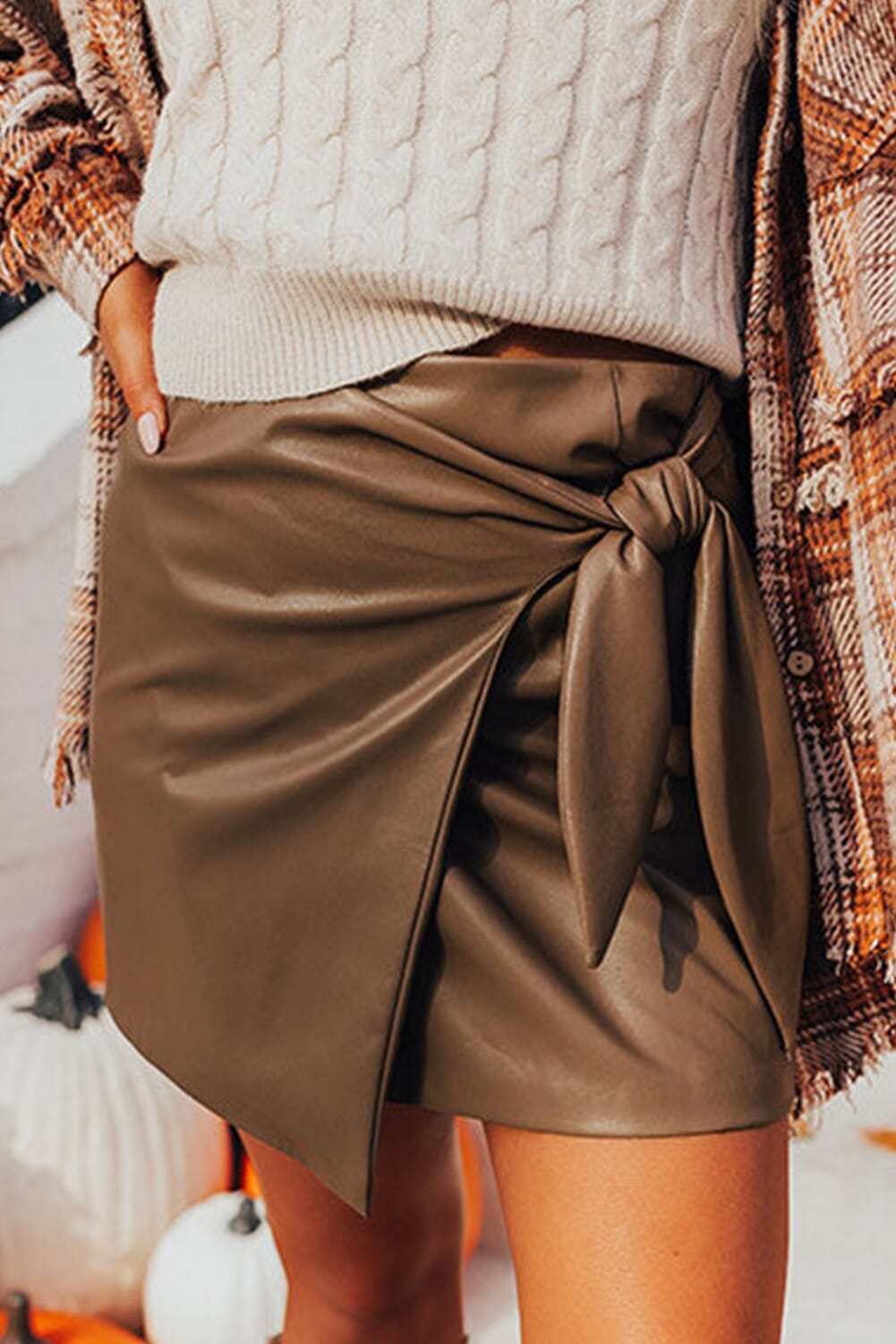 Coffee Bowknot Faux Leather Mini Skirt Kentce
